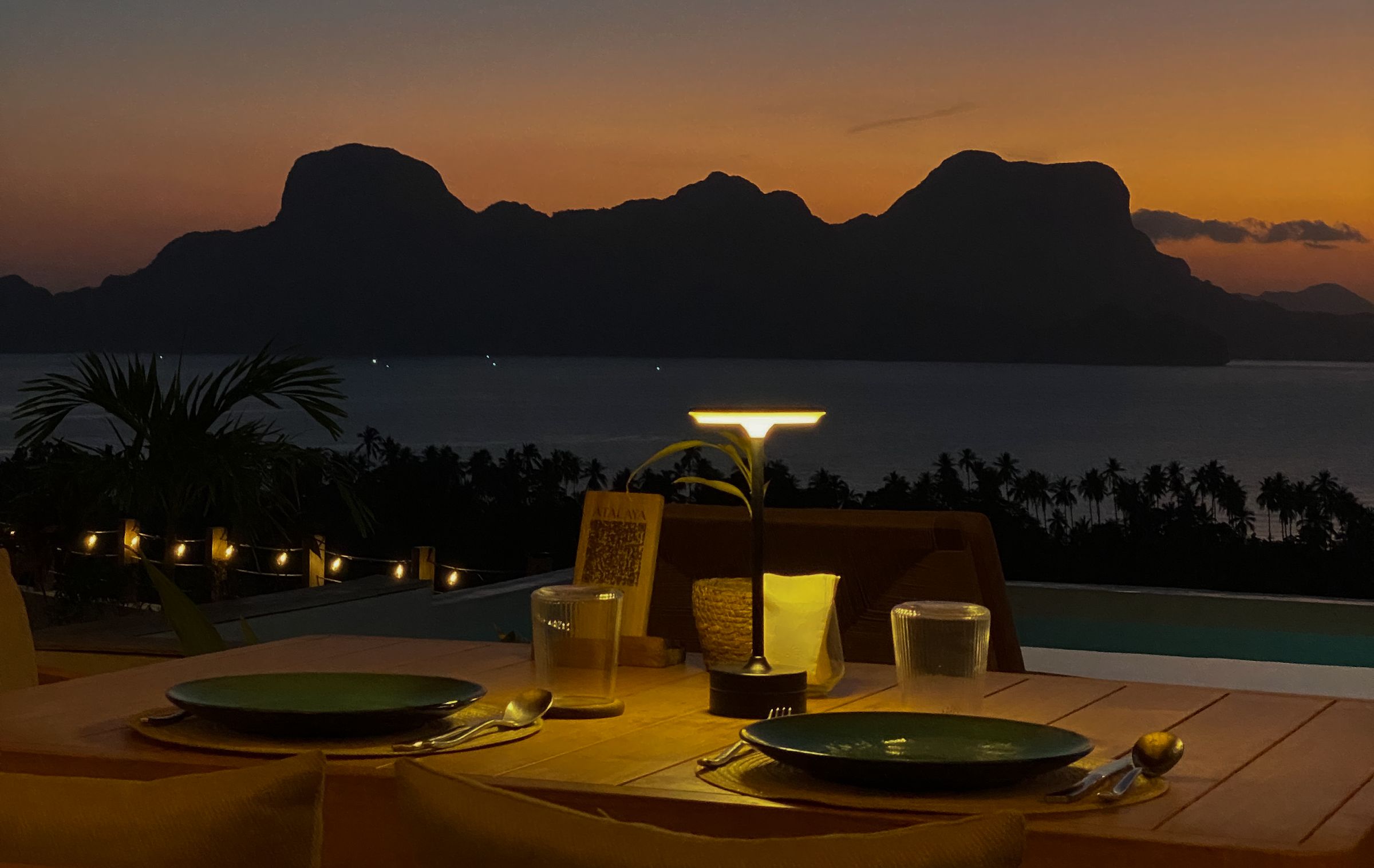 Sunset over Bacuit Bay from the Atalaya terrace